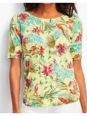 Talbots Soft Yellow Cotton Lightweight Tropical‎ Floral Short Sleeve Sweater. LP